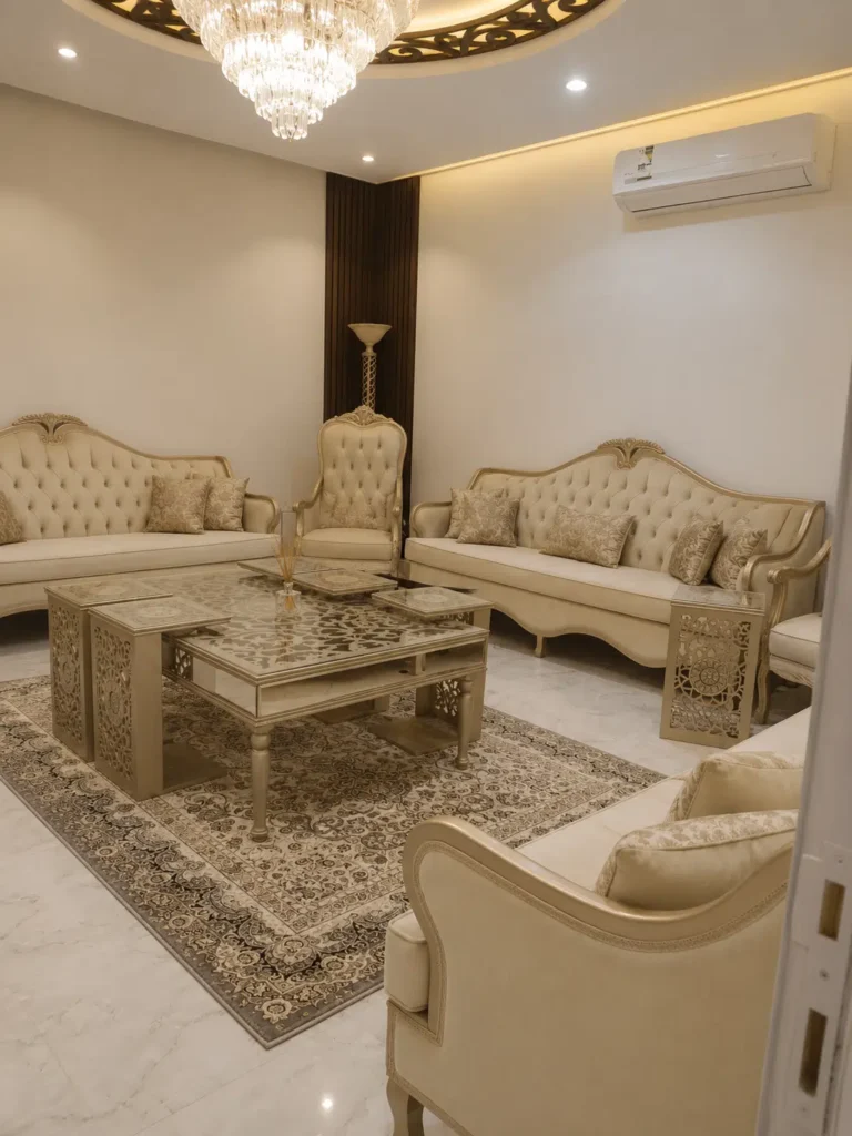 دهان لمجلس وتوزيع الاثاث بعد التشطيب ووضع الطاولات